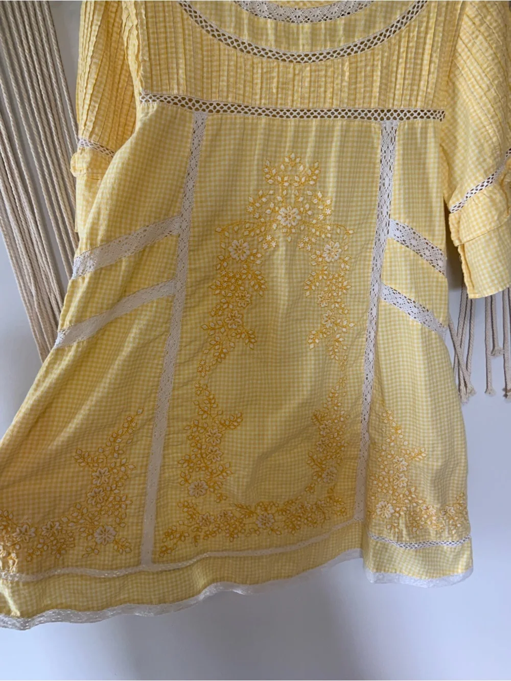 FREE PEOPLE Sunny Day Yellow Gingham Cotton Lace Dress Medium - Picture 5 of 10